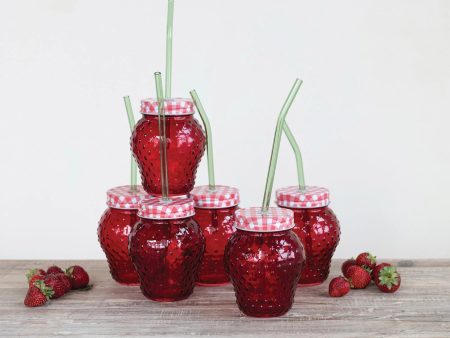 16 oz Vintage Strawberry Shaped Glass with Lid & Glass Straw For Cheap